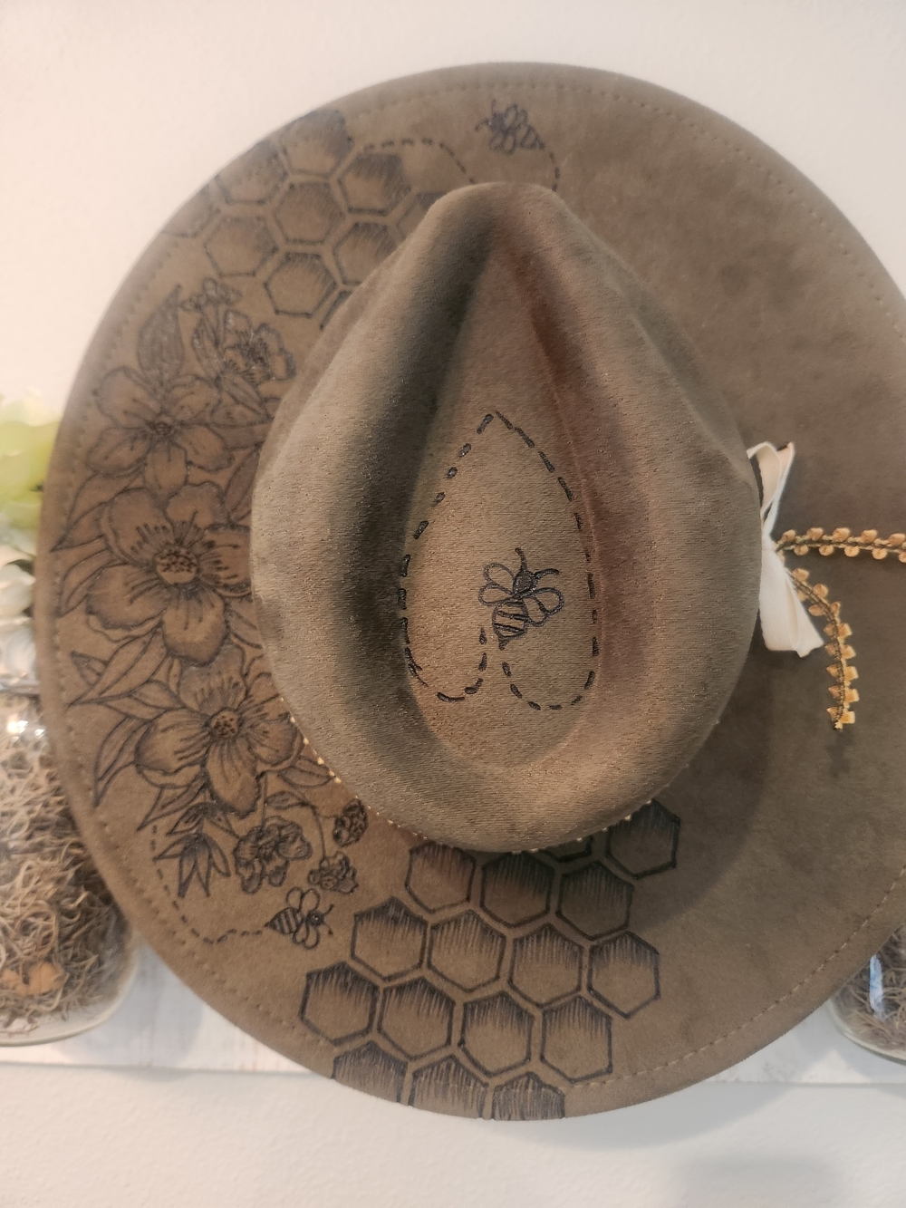 Olive Suede Wide-Brim Fedora Hat with Floral & Bee Artwork